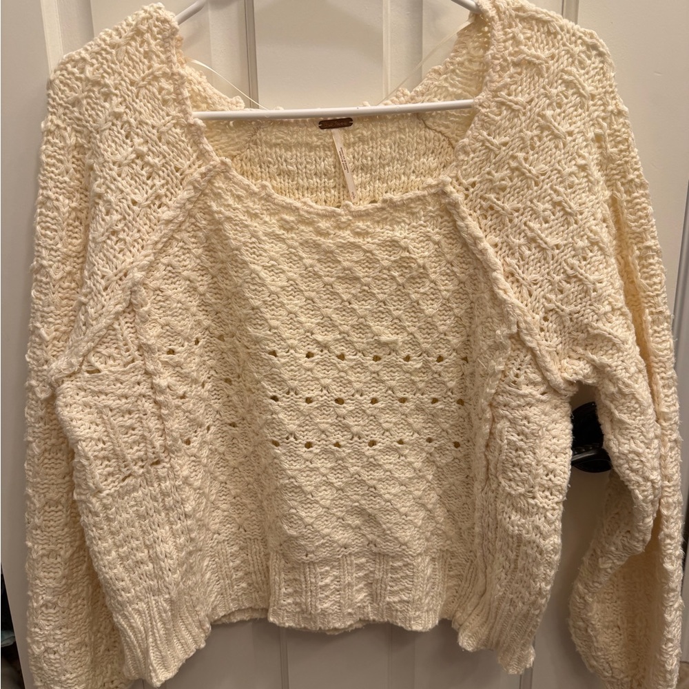 Free People Cream Openwork Knit Scoop Neck Sweater